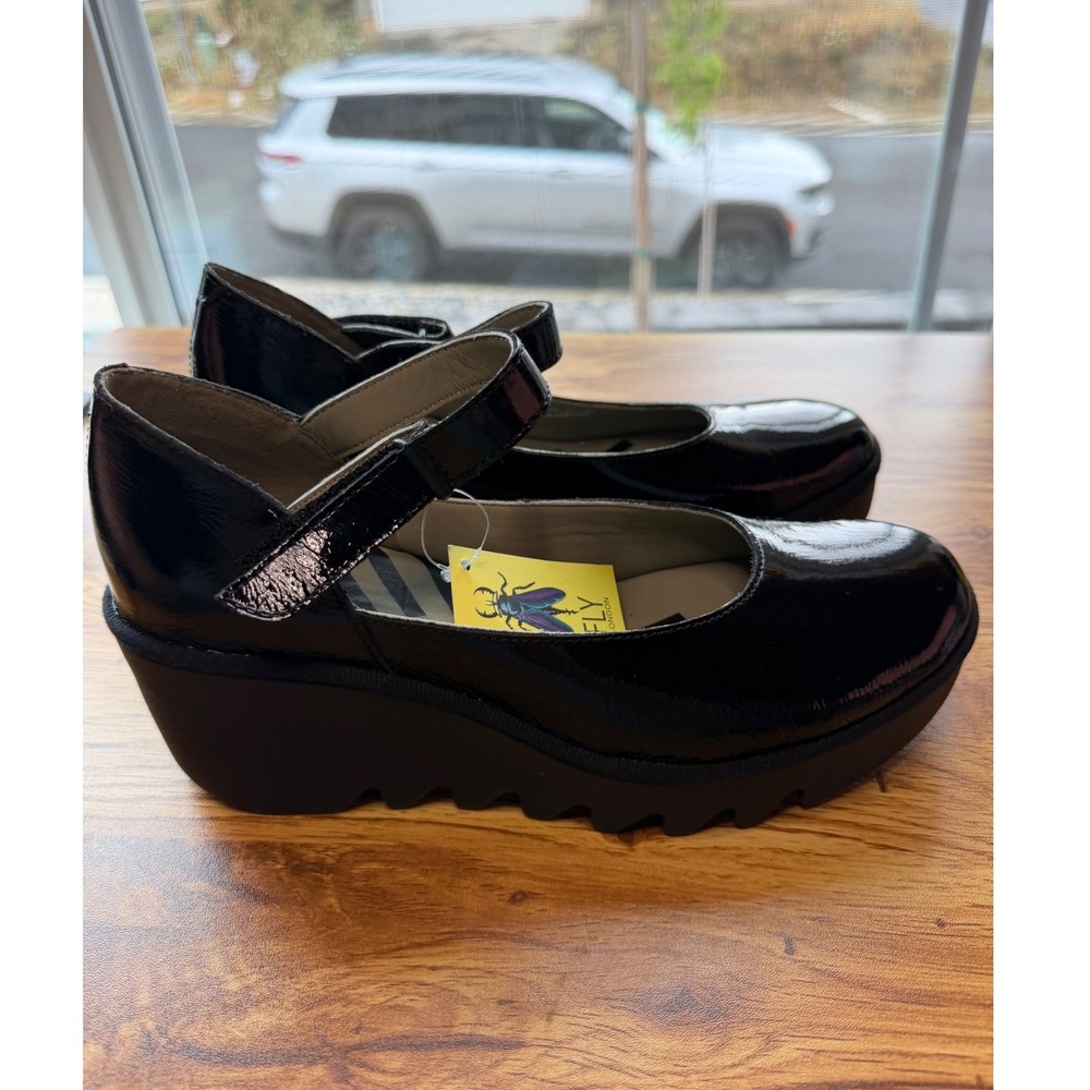 Fly London Yasi Black Patent Leather Mary Jane Wedge Platform Shoes 37 New